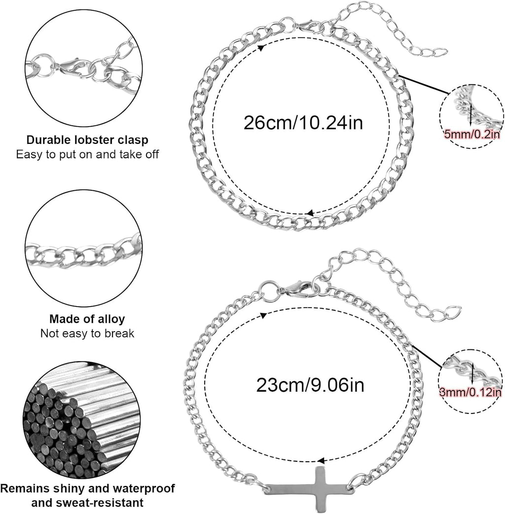 ✝ 2 Pack Silver Cross and Cuban Link Bracelets for Men Christian Jewelry Gift