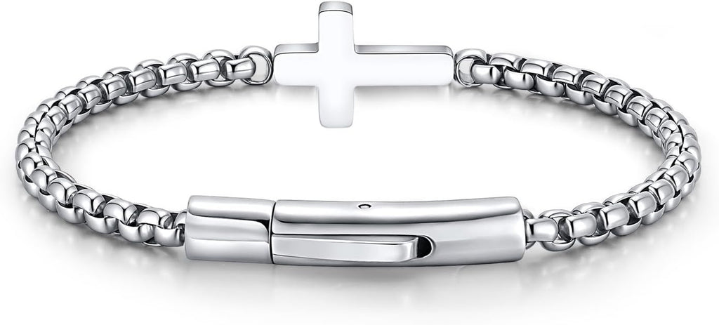 ✝ Men's Christian Cross Bracelet, Stainless Steel Rolo Chain Faith Jewelry Religious Gift