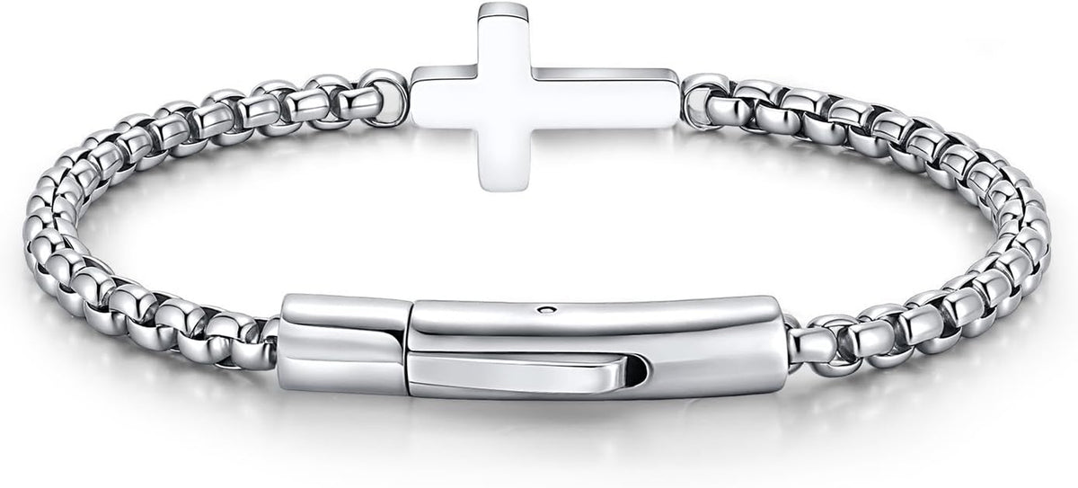 ✝ Men's Christian Cross Bracelet, Stainless Steel Rolo Chain Faith Jewelry Religious Gift
