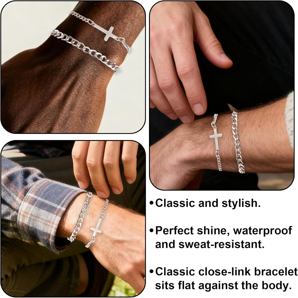 ✝ 2 Pack Silver Cross and Cuban Link Bracelets for Men Christian Jewelry Gift