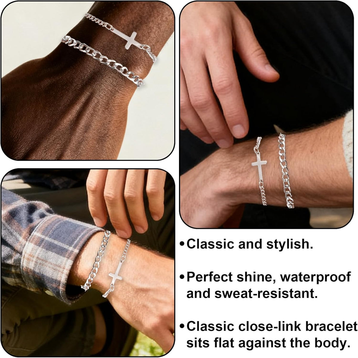 ✝ 2 Pack Silver Cross and Cuban Link Bracelets for Men Christian Jewelry Gift