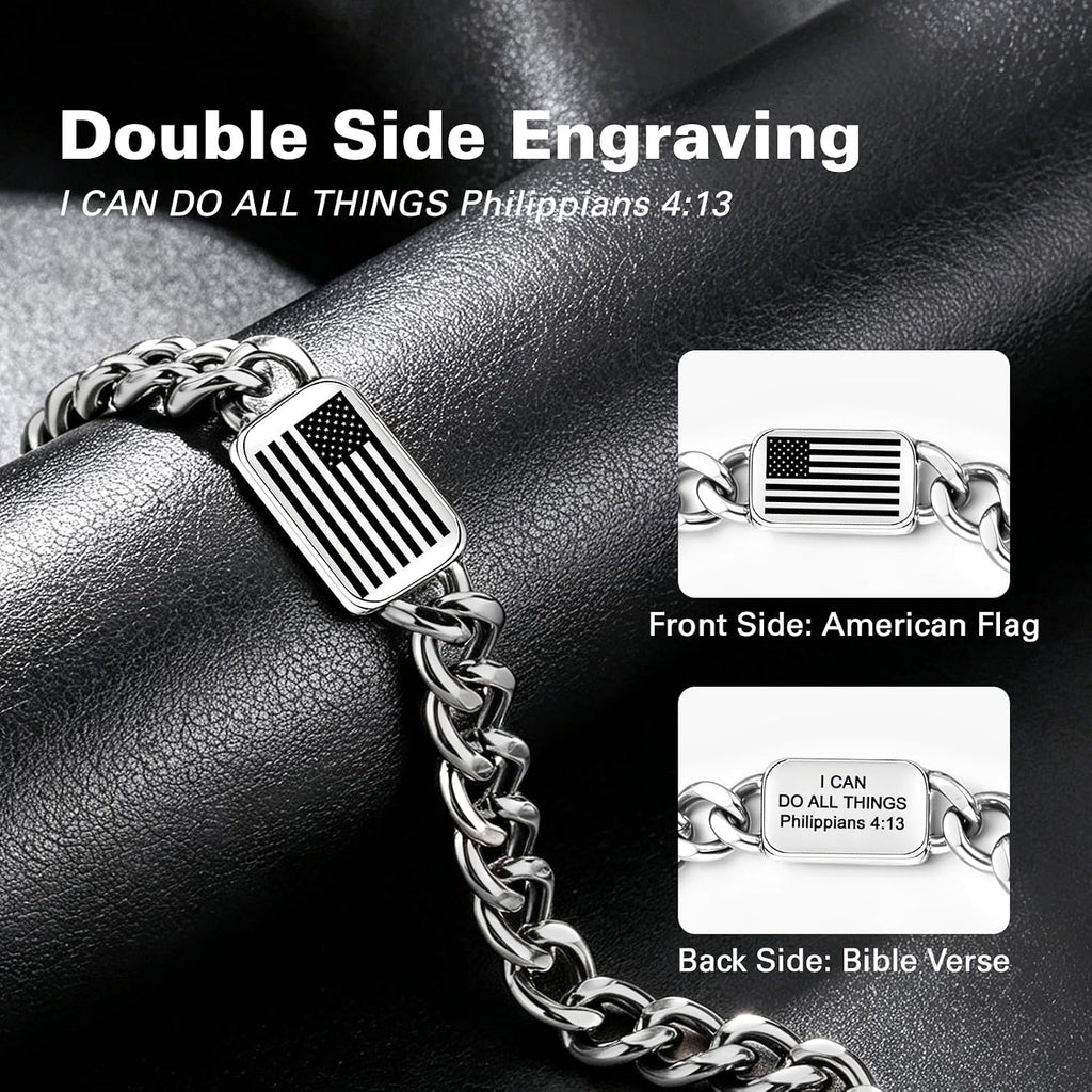 ✝ American Flag Christian Bracelet for Men – Philippians 4:13 Cuban Link Bible Verse Bracelet, Patriotic Faith Gift
