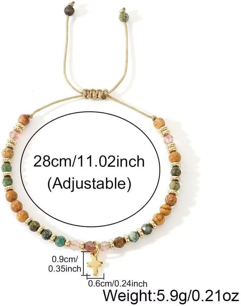 Christian Cross Natural Stone Bracelet Adjustable String Rope Faith Religious Jewelry Gift for Couples Women Men