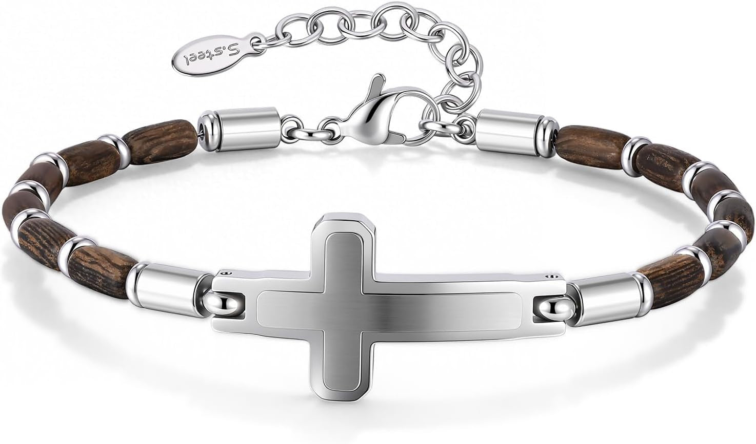 Christian Cross Bracelet for Men : Tiger Eye/Black Agate/Lava/Wood Bead Bracelets,Adjustable Stainless Steel Religious Cross Chain,Mens Jewelry Gift for Birthday Anniversary Boyfriend Husband Dad Him