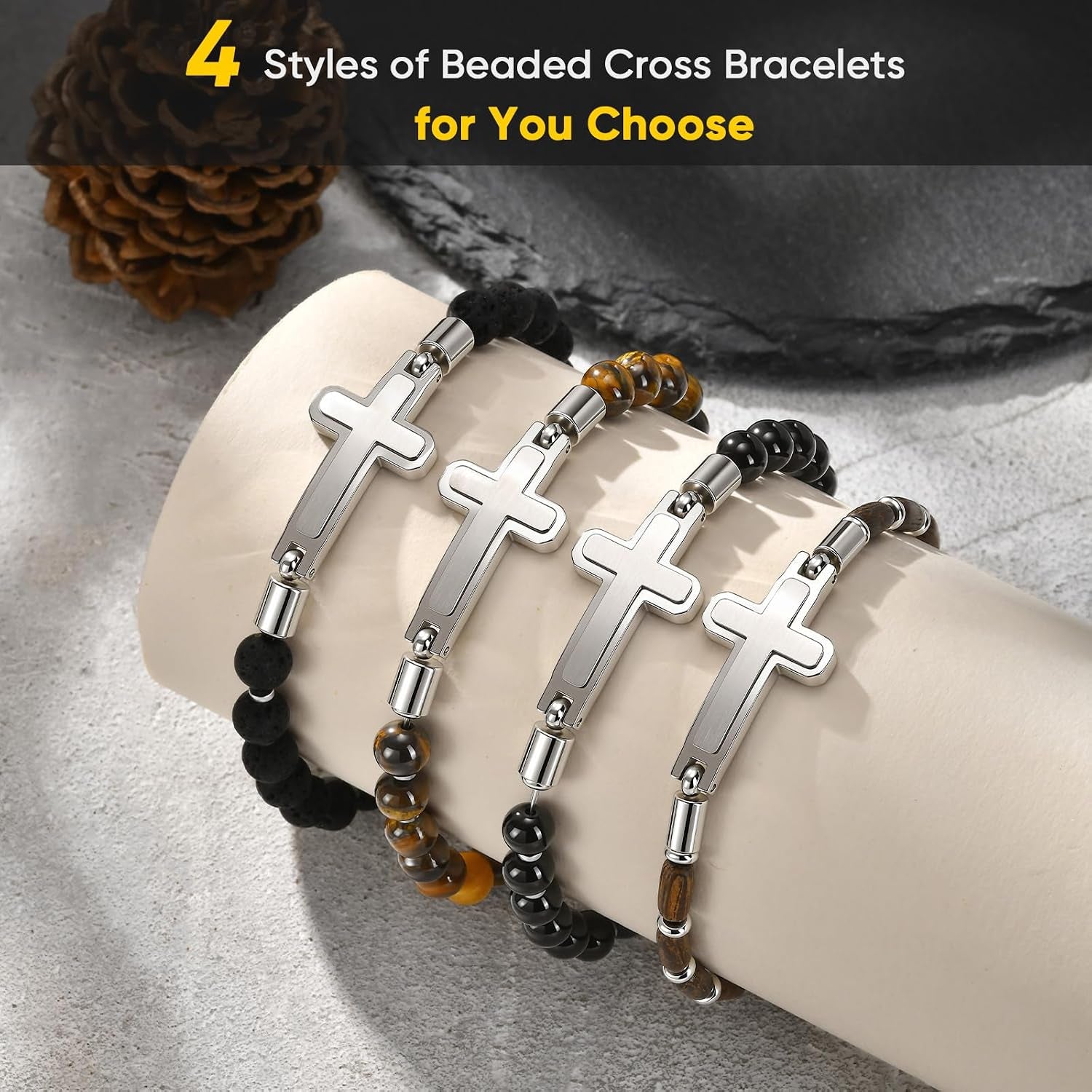 Christian Cross Bracelet for Men : Tiger Eye/Black Agate/Lava/Wood Bead Bracelets,Adjustable Stainless Steel Religious Cross Chain,Mens Jewelry Gift for Birthday Anniversary Boyfriend Husband Dad Him