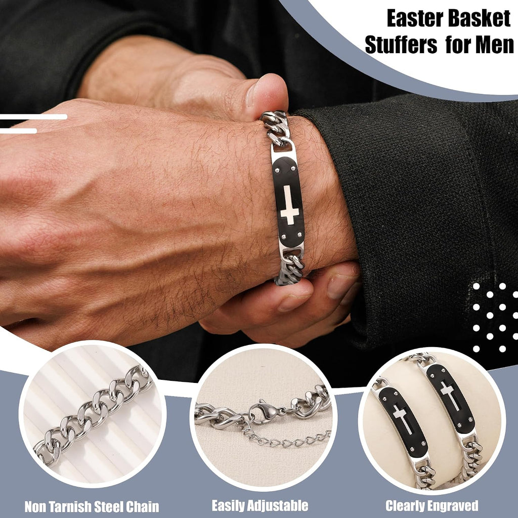 ✝ Men's Cross Cuban Link Bracelet Christian Faith Stainless Steel Baptism Communion Gift for Him