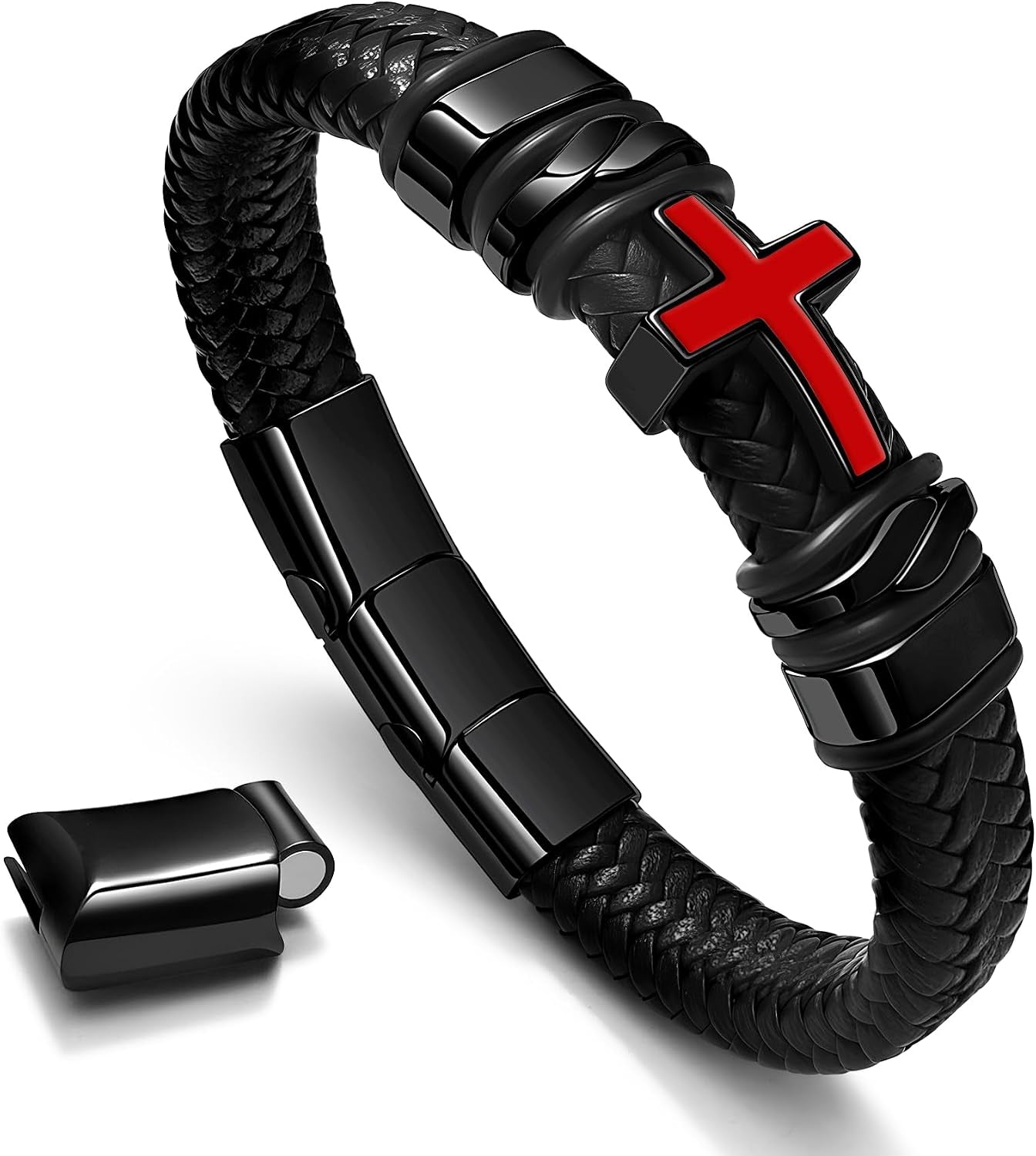 ✝ Men's Red White Cross Leather Cuff Bracelet 316L Stainless Steel Engraved Bible Verse Christian Faith Jewelry Gift