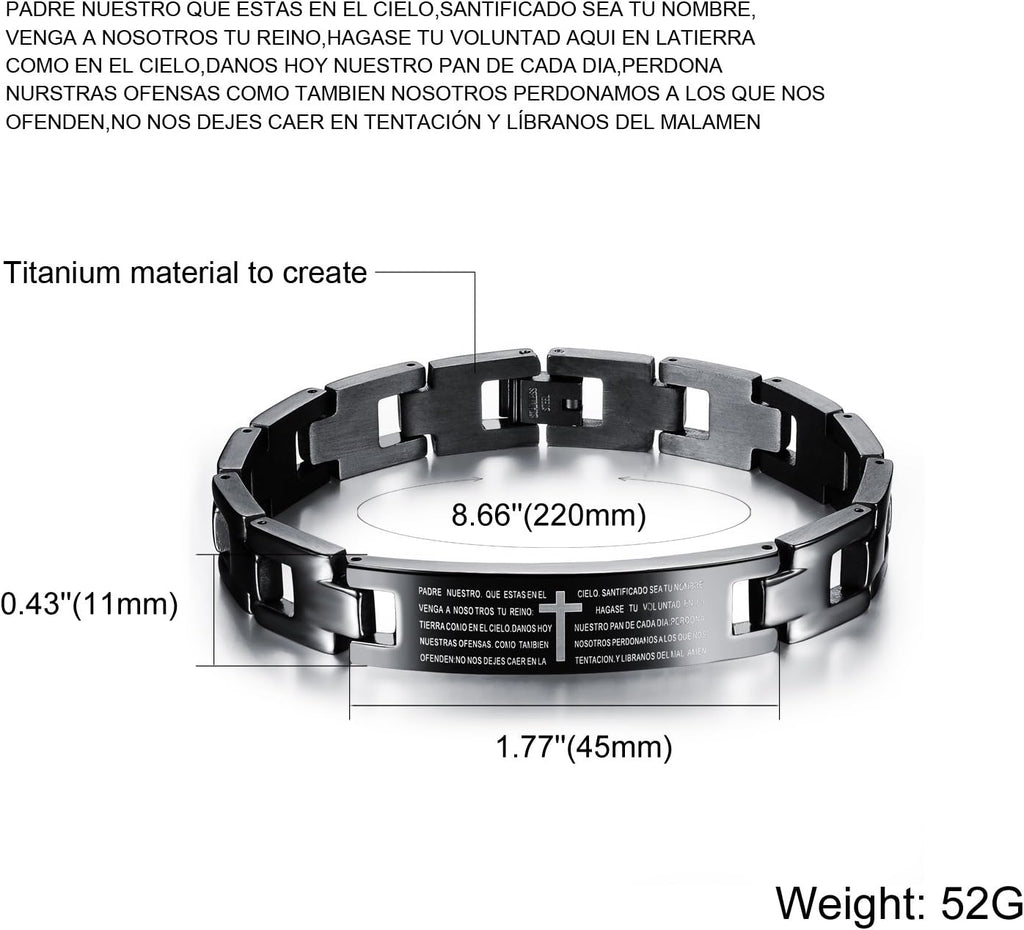 ✝ Spanish English Lord's Prayer Cross Bracelet for Men, Christian Bible Scripture Faith Jewelry