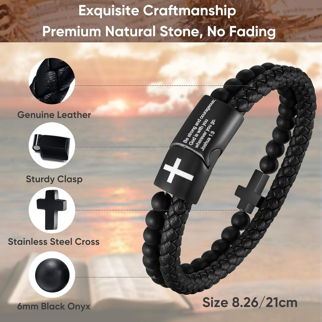 Men'S Cross Bracelet for Men - Bible Verse Bead Rosary Braided Black Genuine Leather Bracelets, Bangle Engraved Love You Forever, Christian Catholic Religious Jewelry Christmas Gifts Ideas for Man