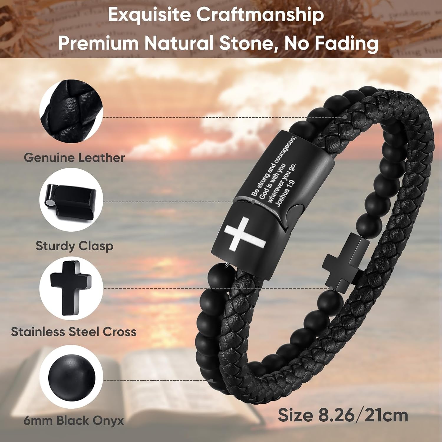 Men'S Cross Bracelet for Men - Bible Verse Bead Rosary Braided Black Genuine Leather Bracelets, Bangle Engraved Love You Forever, Christian Catholic Religious Jewelry Christmas Gifts Ideas for Man