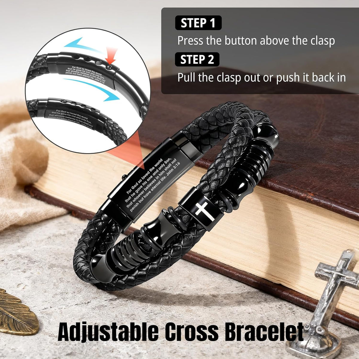 ✝ Men's Joshua 1:9 Bible Verse Bracelet – Adjustable Braided Leather Christian Cross Faith Jewelry Gift