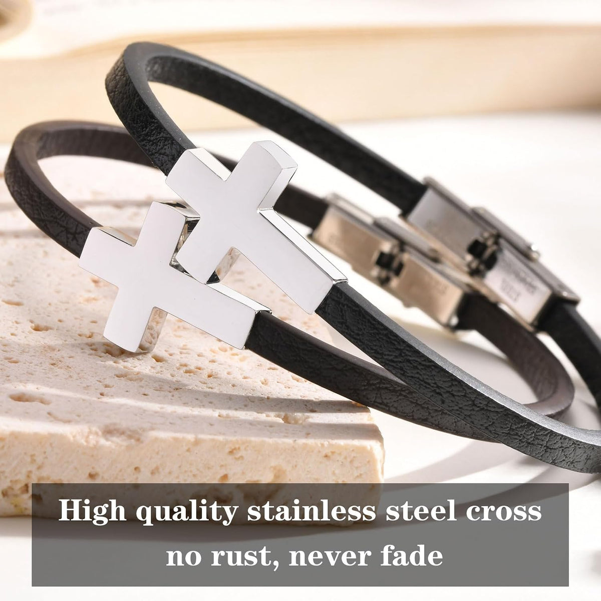 Men's Leather Cross Bracelet 316L Stainless Steel Christian Faith Religious Jewelry Gift for Dad Husband Son Brother