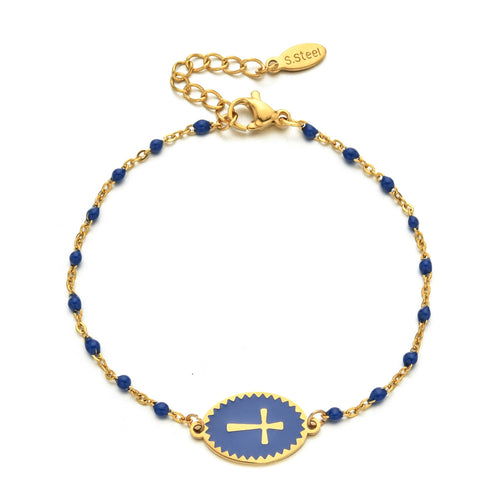 Gold bracelet with blue beads and a gold cross on a white background