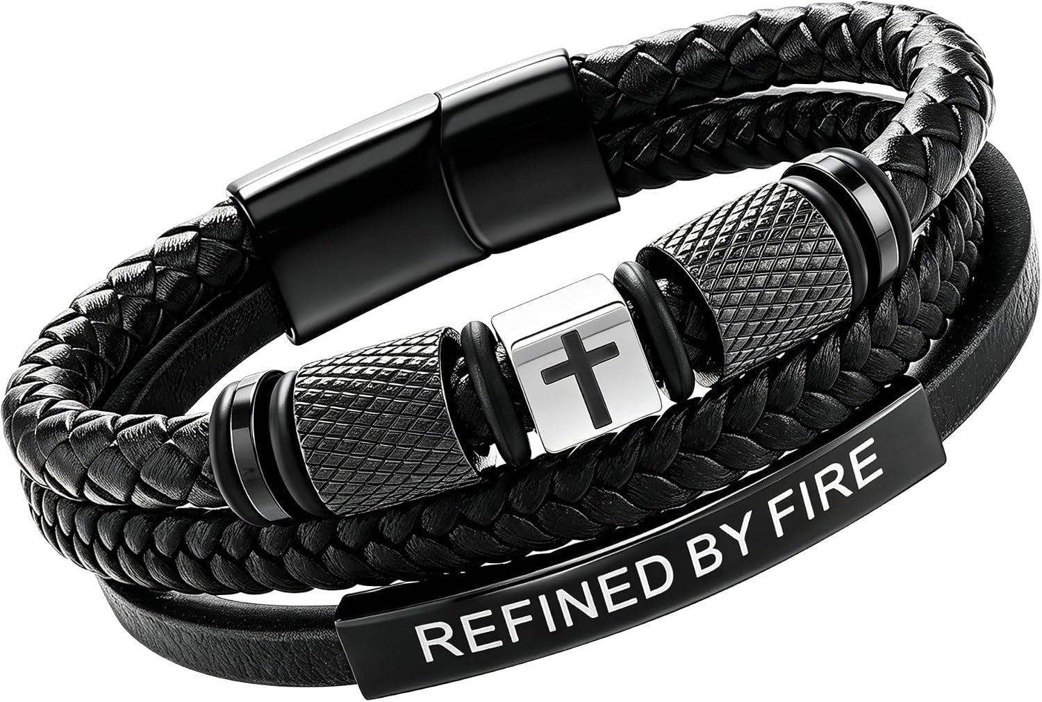 ✝ Men's Leather Cross Bracelet Faith Over Fear Christian Jewelry Gift for Dad Husband Son Brother
