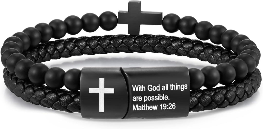 Men'S Cross Bracelet for Men - Bible Verse Bead Rosary Braided Black Genuine Leather Bracelets, Bangle Engraved Love You Forever, Christian Catholic Religious Jewelry Christmas Gifts Ideas for Man