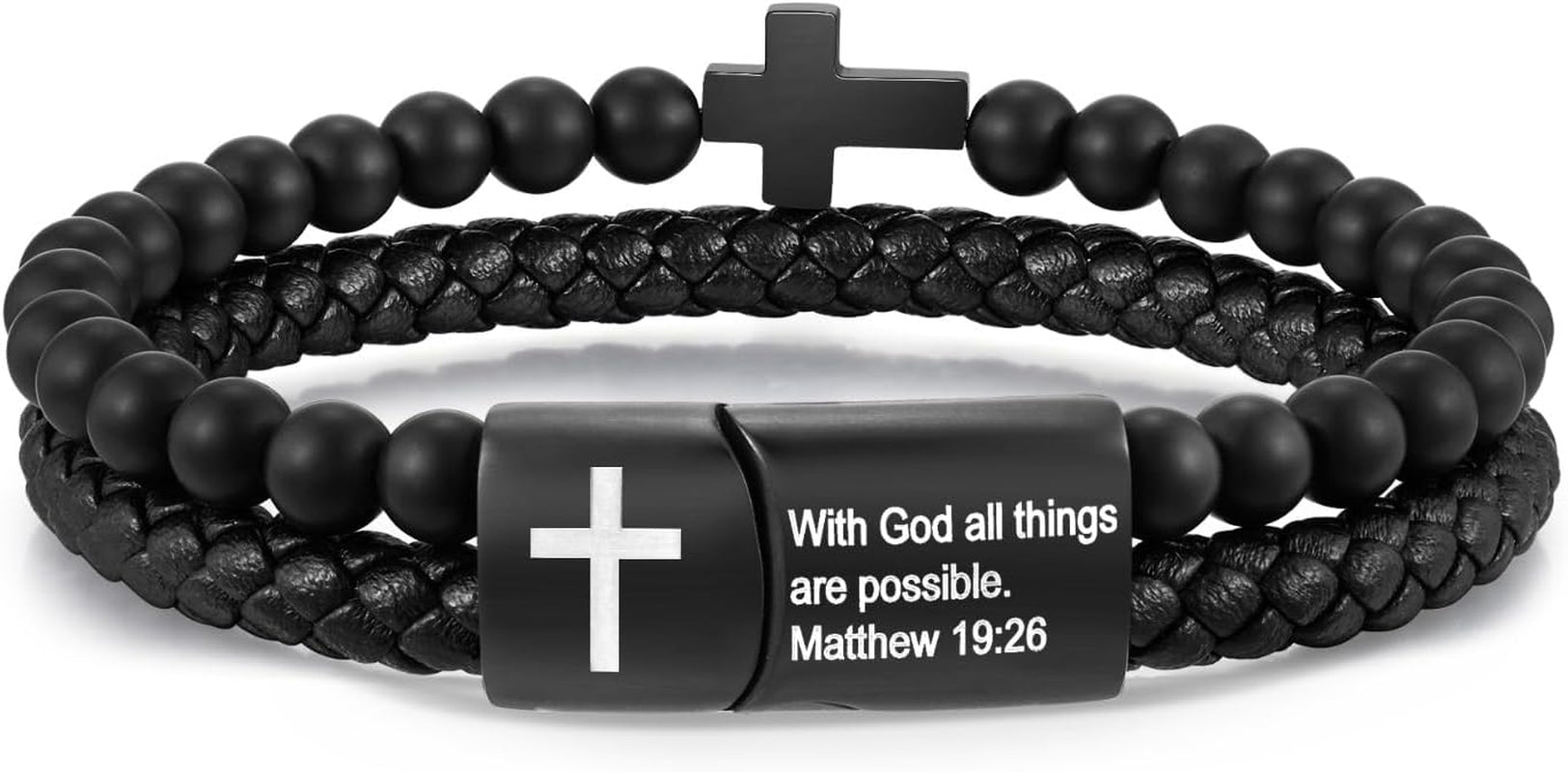 Men'S Cross Bracelet for Men - Bible Verse Bead Rosary Braided Black Genuine Leather Bracelets, Bangle Engraved Love You Forever, Christian Catholic Religious Jewelry Christmas Gifts Ideas for Man