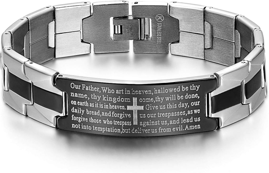 ✝ Men's Lord's Prayer Cross Bracelet, Stainless Steel Christian Bible Faith Jewelry Gift