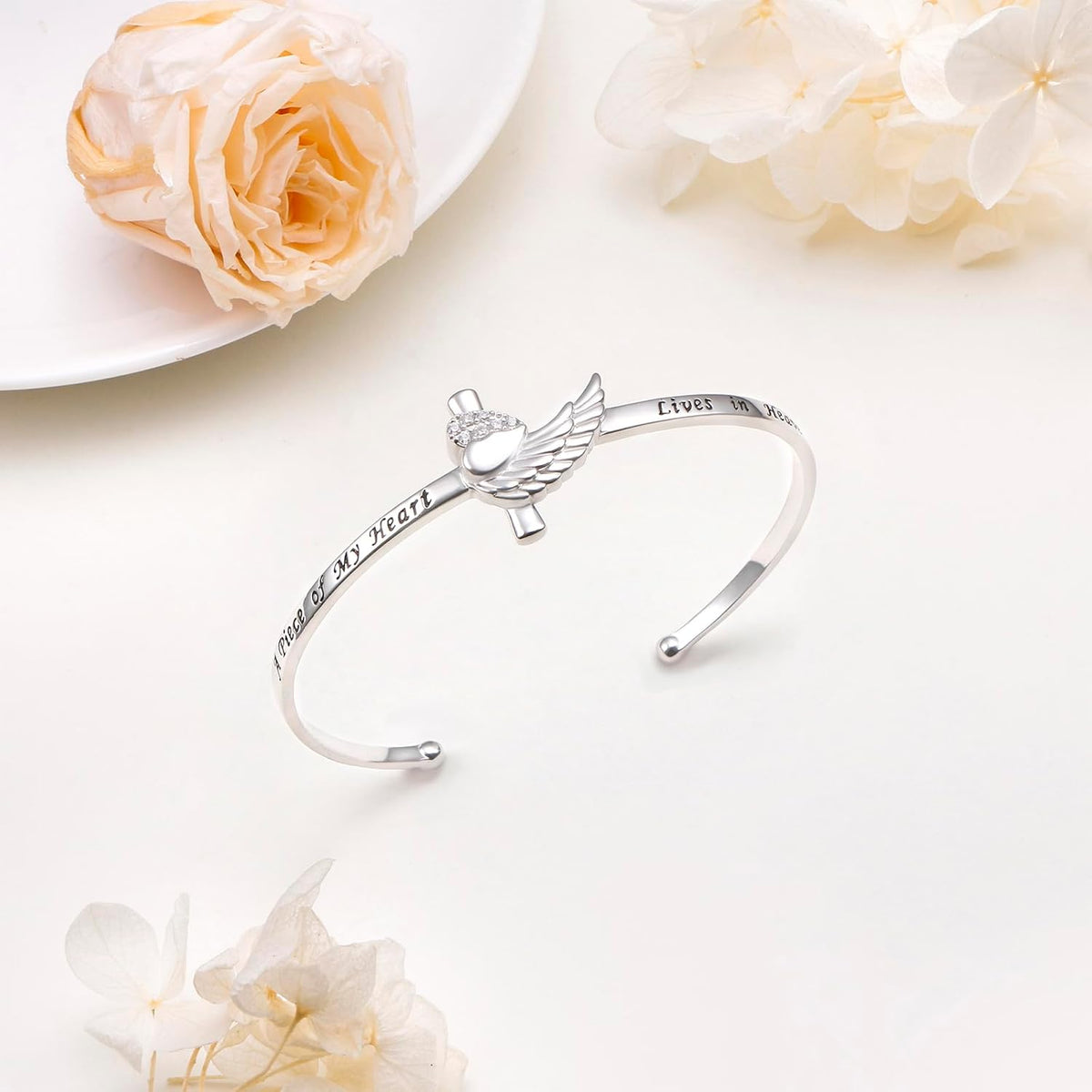 ✝ Angel Wing Memorial Bracelet 925 Sterling Silver Christian Cuff A Piece of My Heart Lives in Heaven Gift