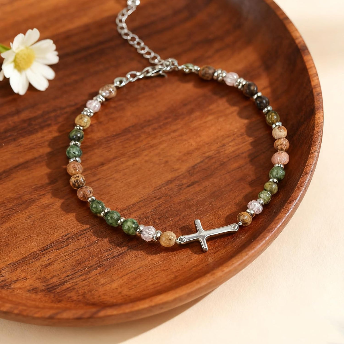 ✝ Women's Wave Charm Friendship Bracelet Natural Stone Beaded Christian Faith Inspirational Jewelry Gift for Women