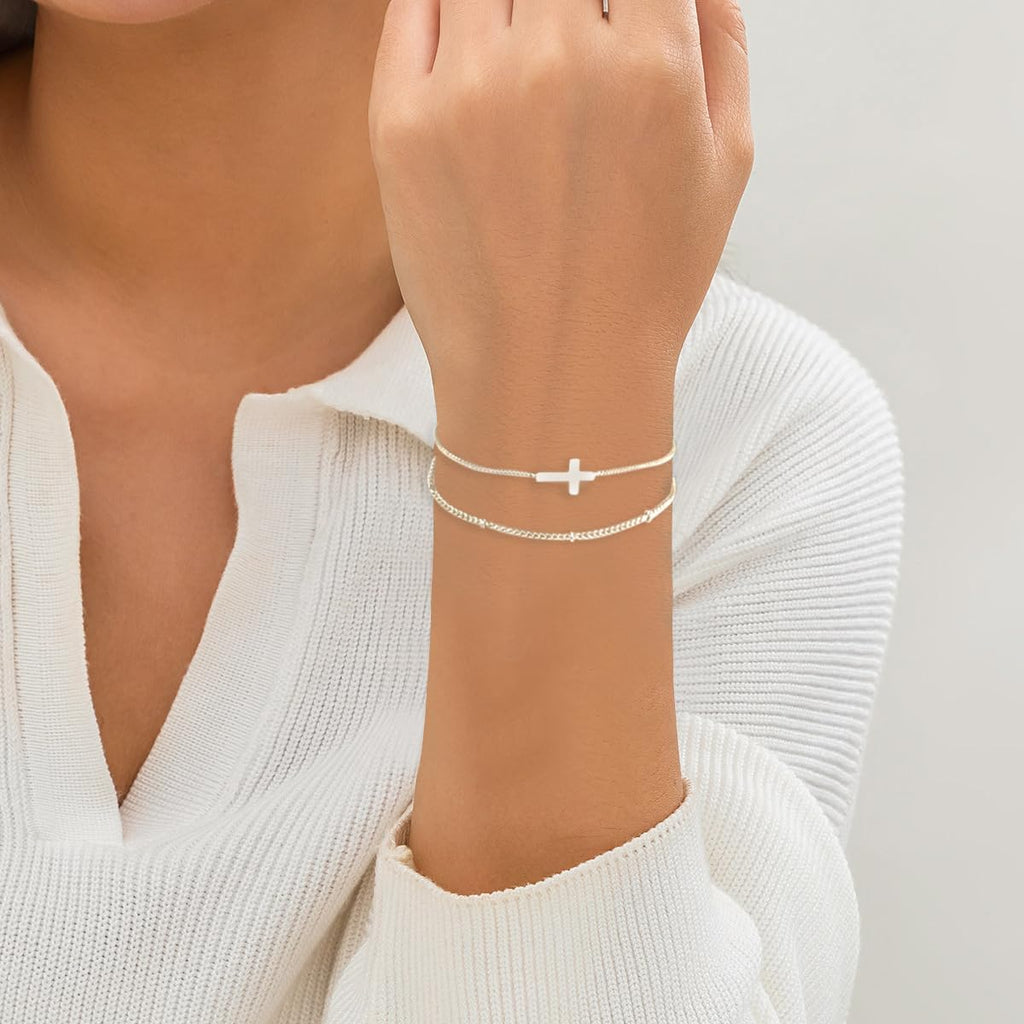 ✝ Women's Dainty Cross Pearl Bracelet Adjustable Christian Faith Jewelry Gift for Baptism Bridesmaid Mom Wife