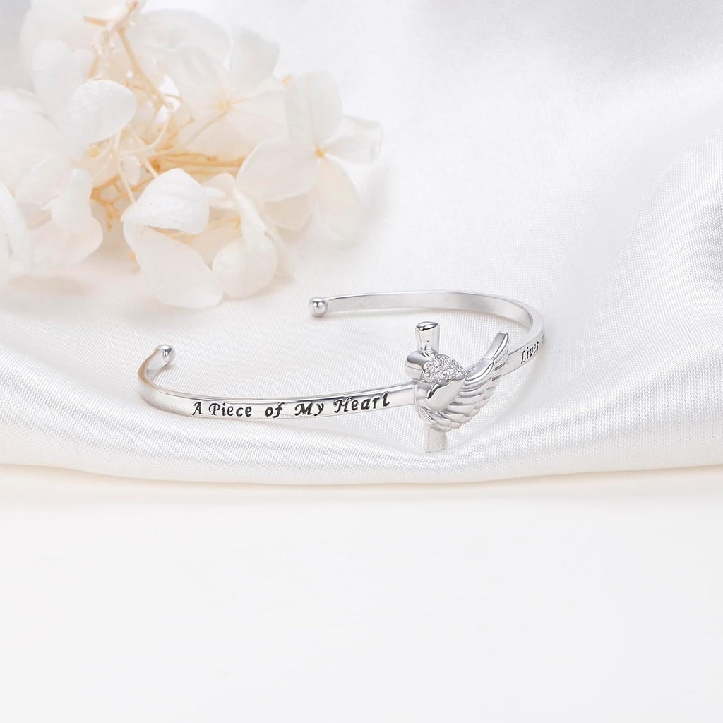 ✝ Angel Wing Memorial Bracelet 925 Sterling Silver Christian Cuff A Piece of My Heart Lives in Heaven Gift
