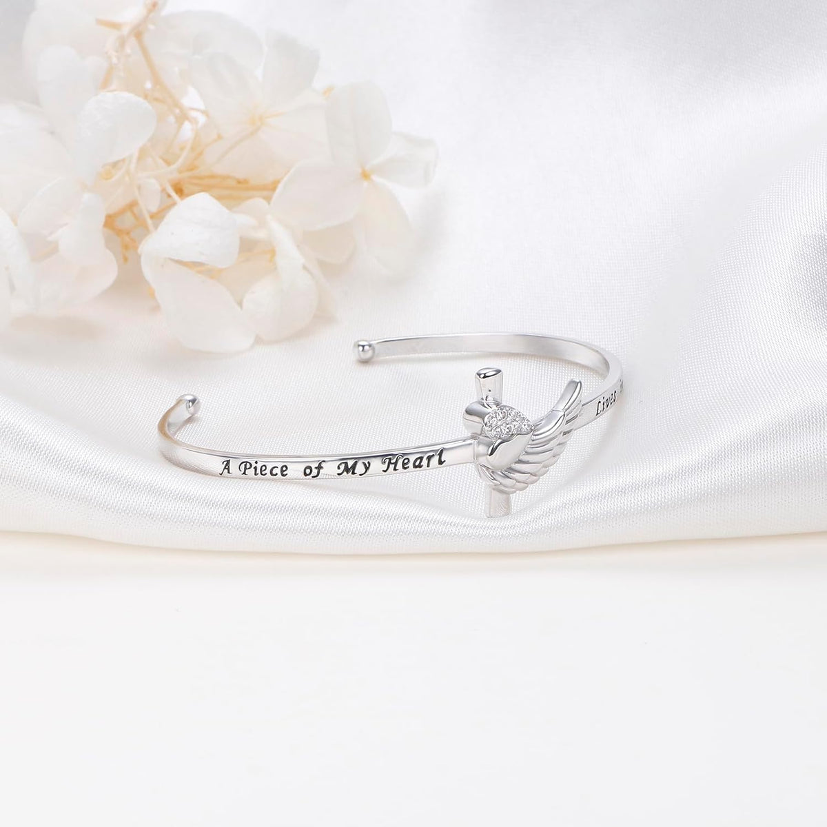 ✝ Angel Wing Memorial Bracelet 925 Sterling Silver Christian Cuff A Piece of My Heart Lives in Heaven Gift