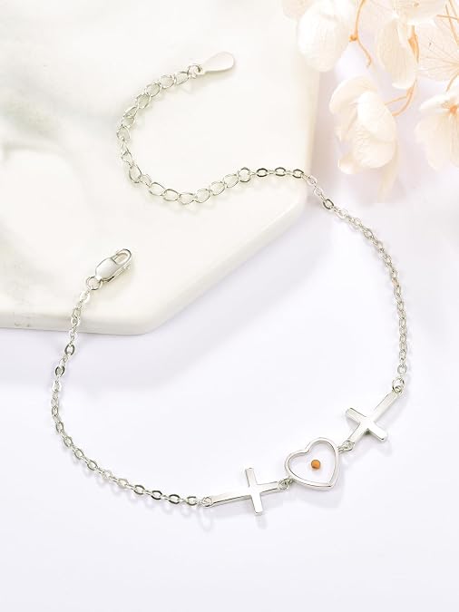 Women's 925 Sterling Silver Heart Mustard Seed Cross Bracelet Christian Faith Jewelry Inspirational Religious Gift