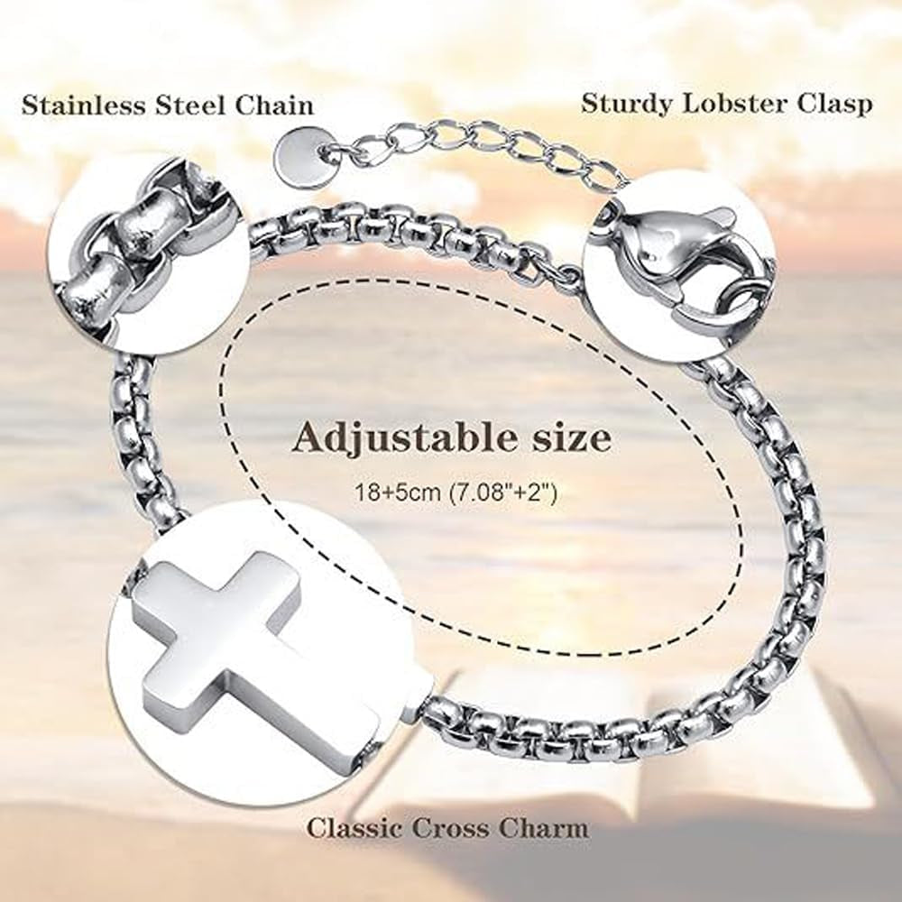 ✝ Cross Bracelet for Men Women Silver Stainless Steel Chain Adjustable Christian Religious Jewelry Gift