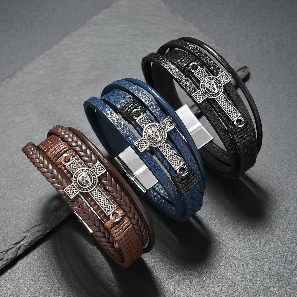 ✝ Men's Vintage Celtic Cross Leather Bracelet Christian Faith Shield Braided Stainless Steel Religious Jewelry Gift