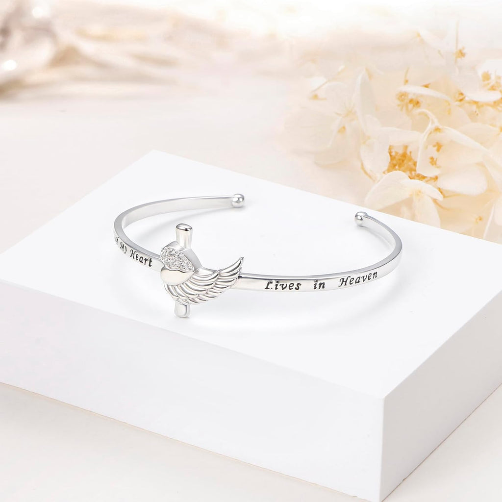 ✝ Angel Wing Memorial Bracelet 925 Sterling Silver Christian Cuff A Piece of My Heart Lives in Heaven Gift