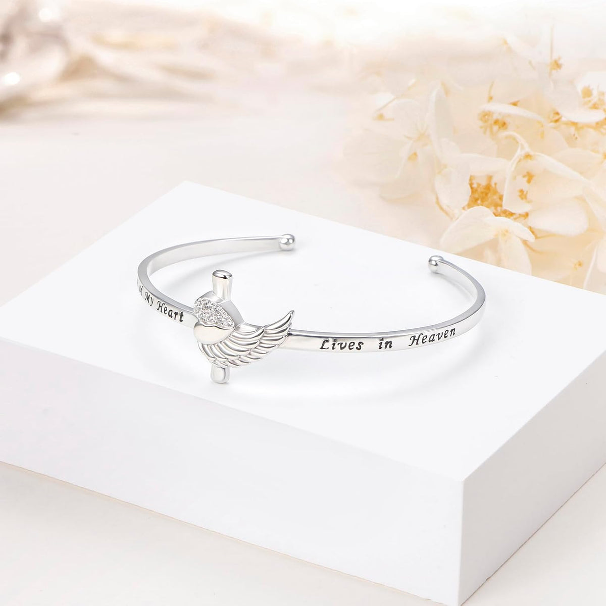 ✝ Angel Wing Memorial Bracelet 925 Sterling Silver Christian Cuff A Piece of My Heart Lives in Heaven Gift