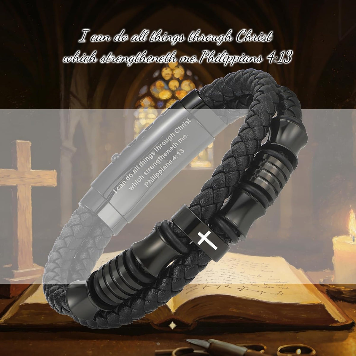 ✝ Men's Christian Cross Bracelet, Philippians 4:13 Bible Verse, Adjustable Braided Faith Jewelry Gift