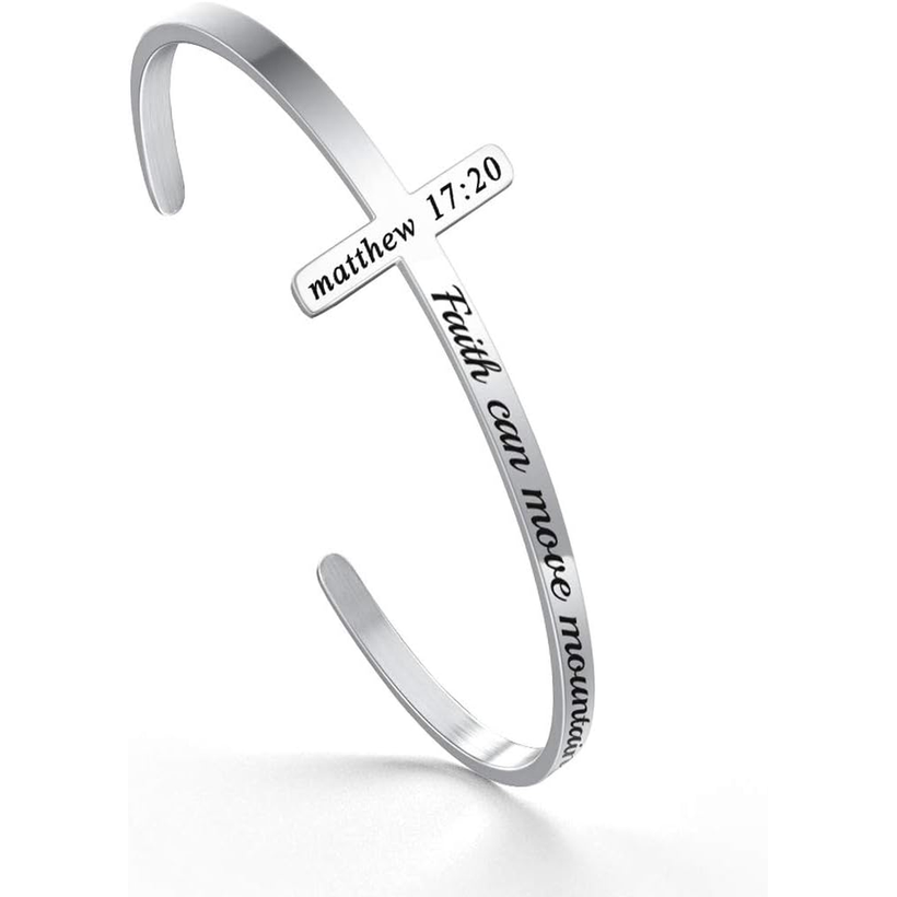 ✝ Women's Silver Cross Cuff Bracelet 316L Stainless Steel Bible Verse Christian Faith Inspirational Jewelry Gift