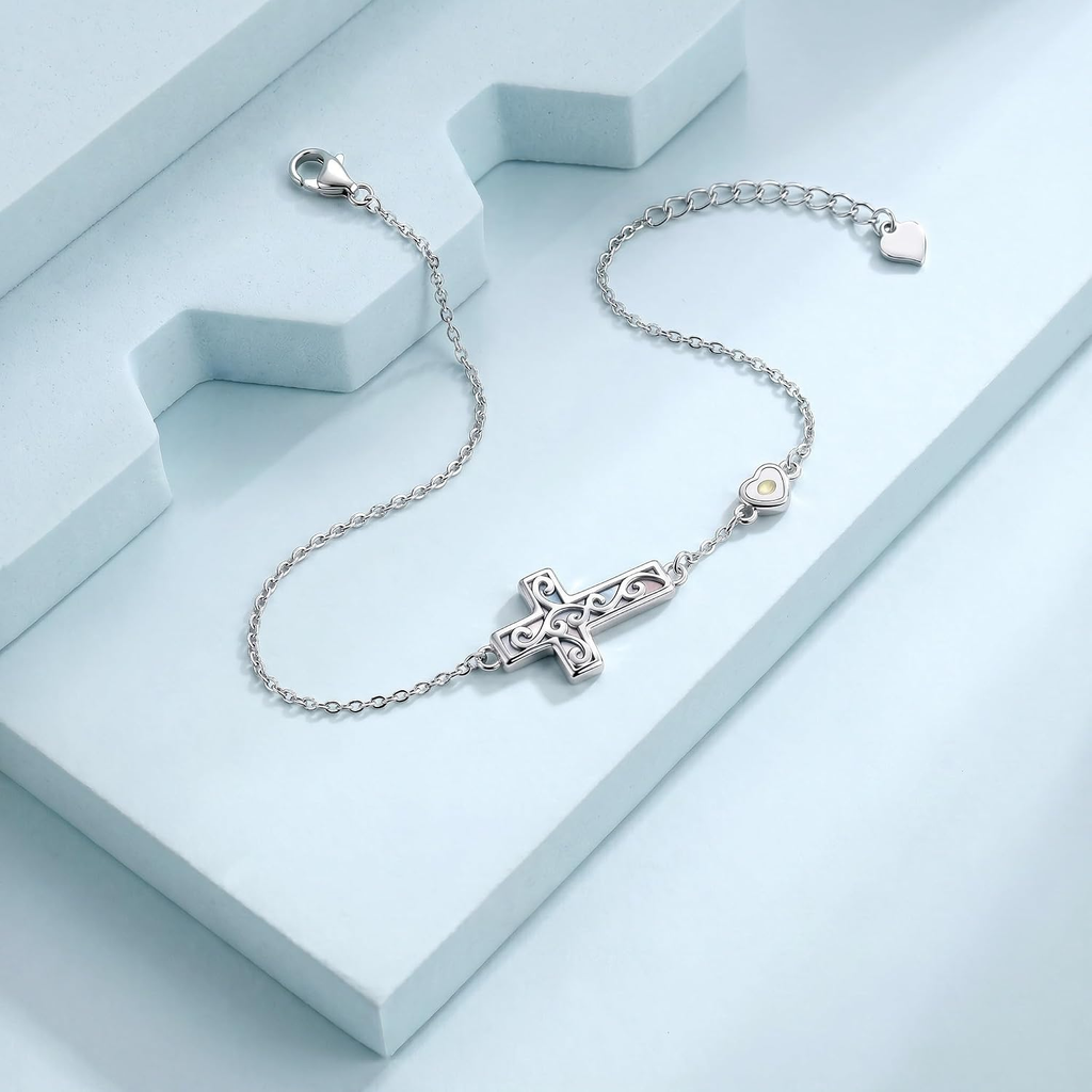 ✝ Women's Sterling Silver Cross Mustard Seed Bracelet Adjustable Christian Faith Religious Jewelry Gift for Mom Wife Sister Friend