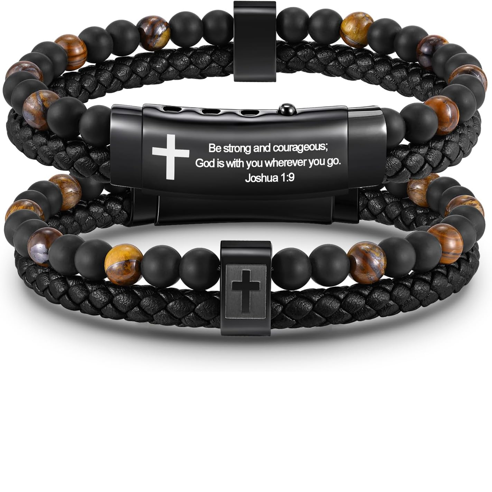✝ Men's Joshua 1:9 Cross Bracelet Braided Leather Tiger Eye Agate Beaded Christian Faith Jewelry Gift