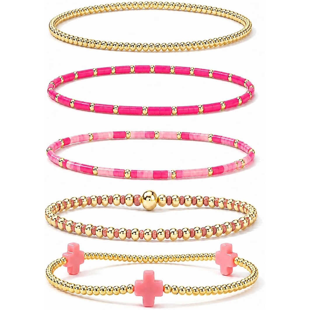 ✝ Women's Gold Beaded Cross Bracelet Stack Set Stretch Christian Faith Jewelry Gift for Women Teens