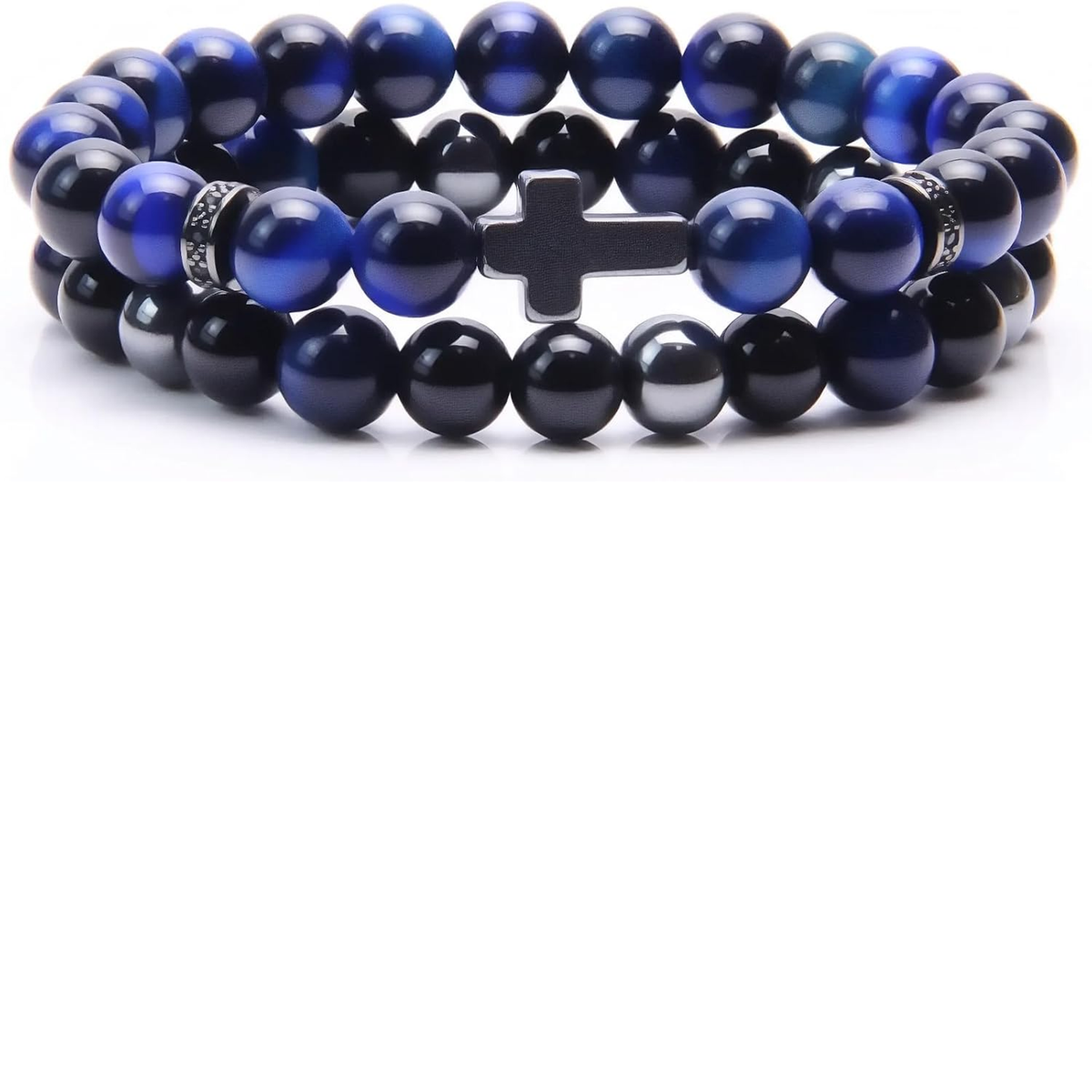 ✝ Men's Cross Bracelet Set – Black Obsidian, Hematite & Tiger Eye 8MM Beaded Christian Faith Jewelry