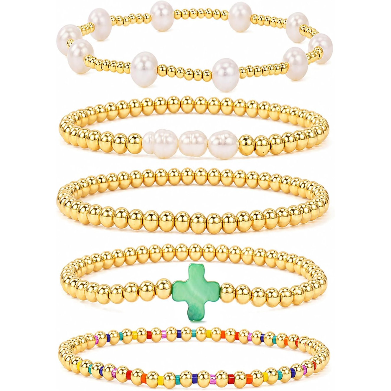 ✝ Women's Gold Beaded Cross Bracelet Stack Set Stretch Christian Faith Jewelry Gift for Women Teens