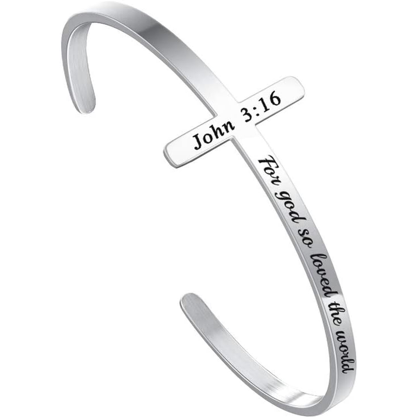 ✝ Women's Silver Cross Cuff Bracelet 316L Stainless Steel Bible Verse Christian Faith Inspirational Jewelry Gift