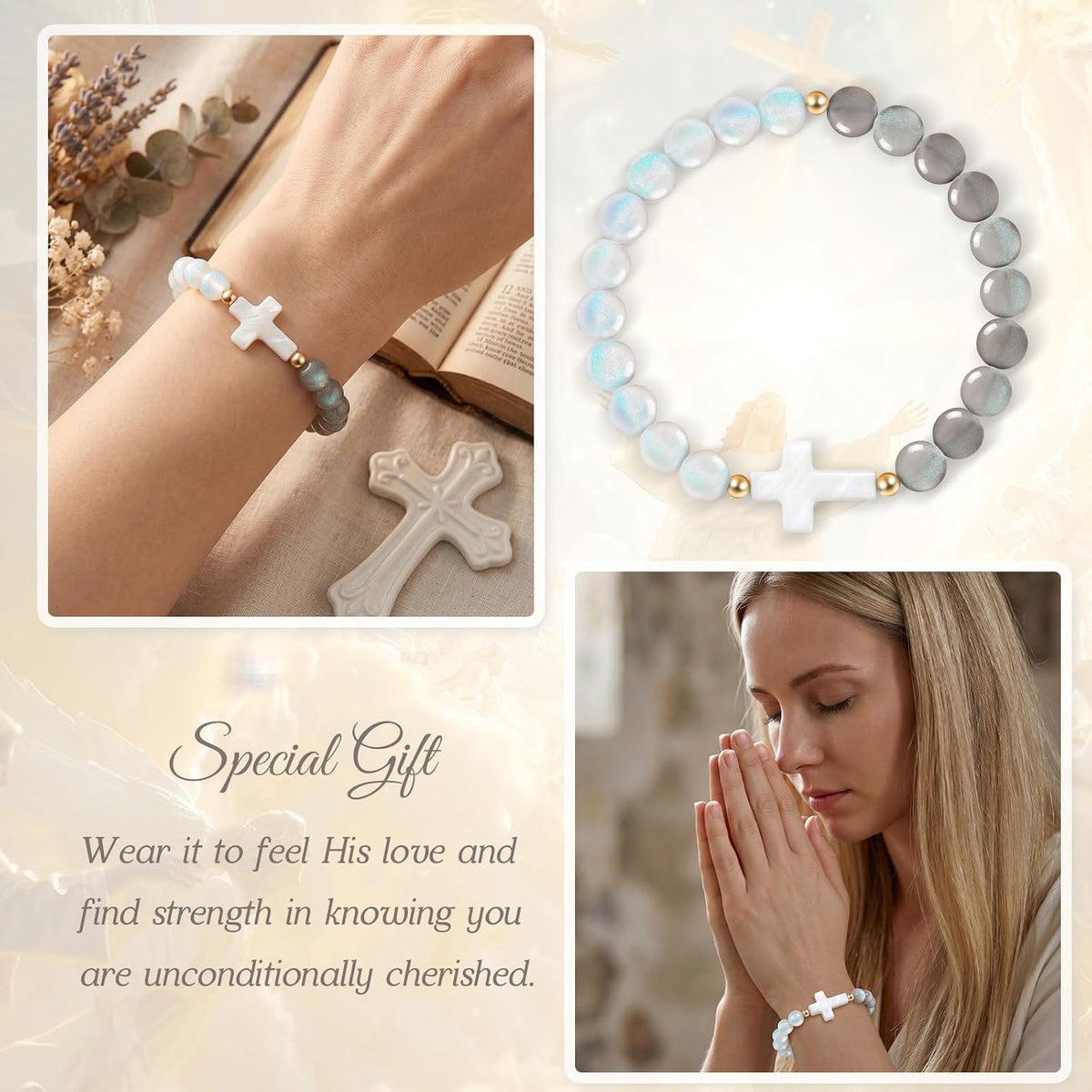 ✝ Women's Christian Cross Beaded Bracelet Catholic Religious Faith Inspirational Jewelry Gift for Mom Daughter Sister Friend