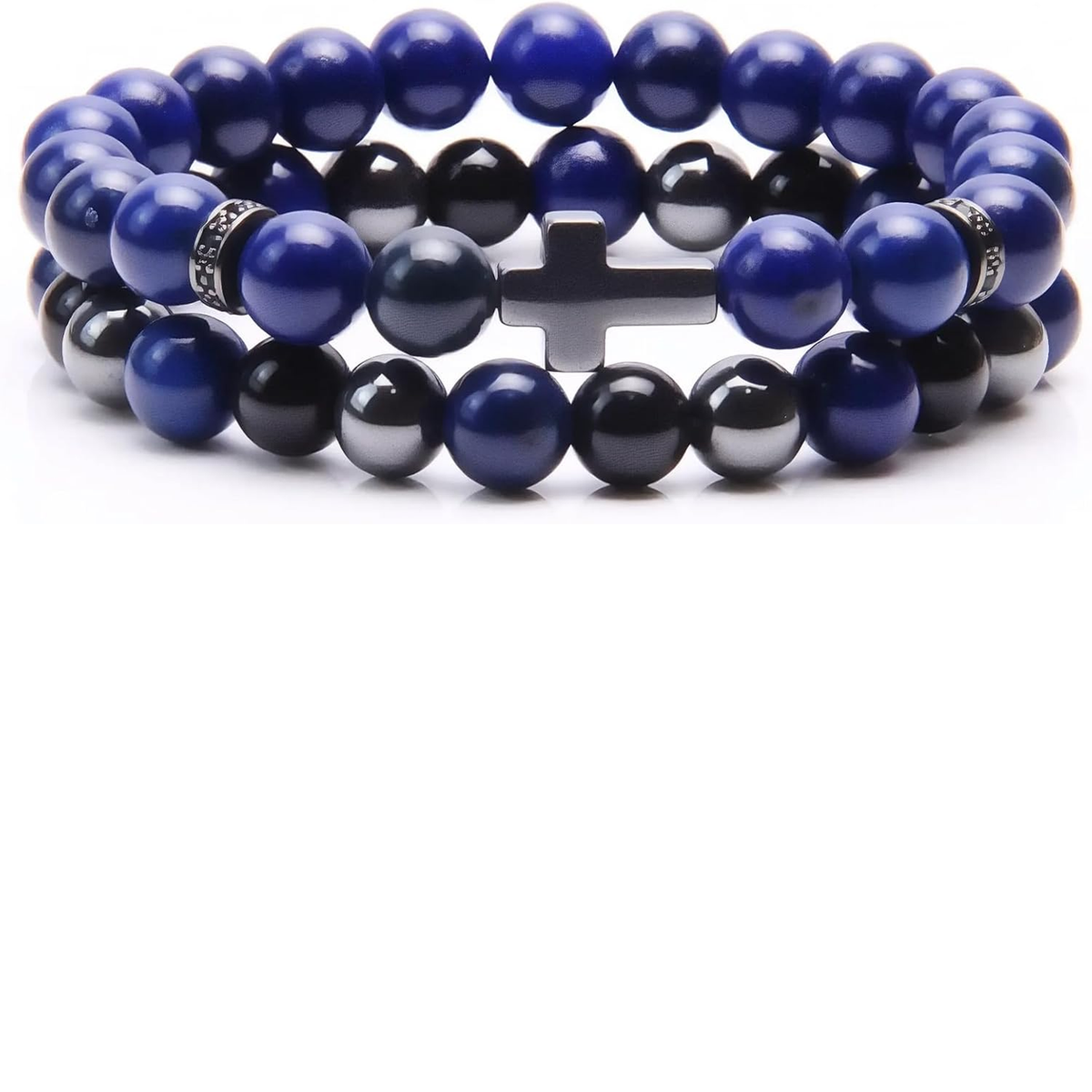 ✝ Men's Cross Bracelet Set – Black Obsidian, Hematite & Tiger Eye 8MM Beaded Christian Faith Jewelry