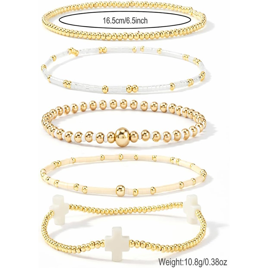 ✝ Women's Gold Beaded Cross Bracelet Stack Set Stretch Christian Faith Jewelry Gift for Women Teens