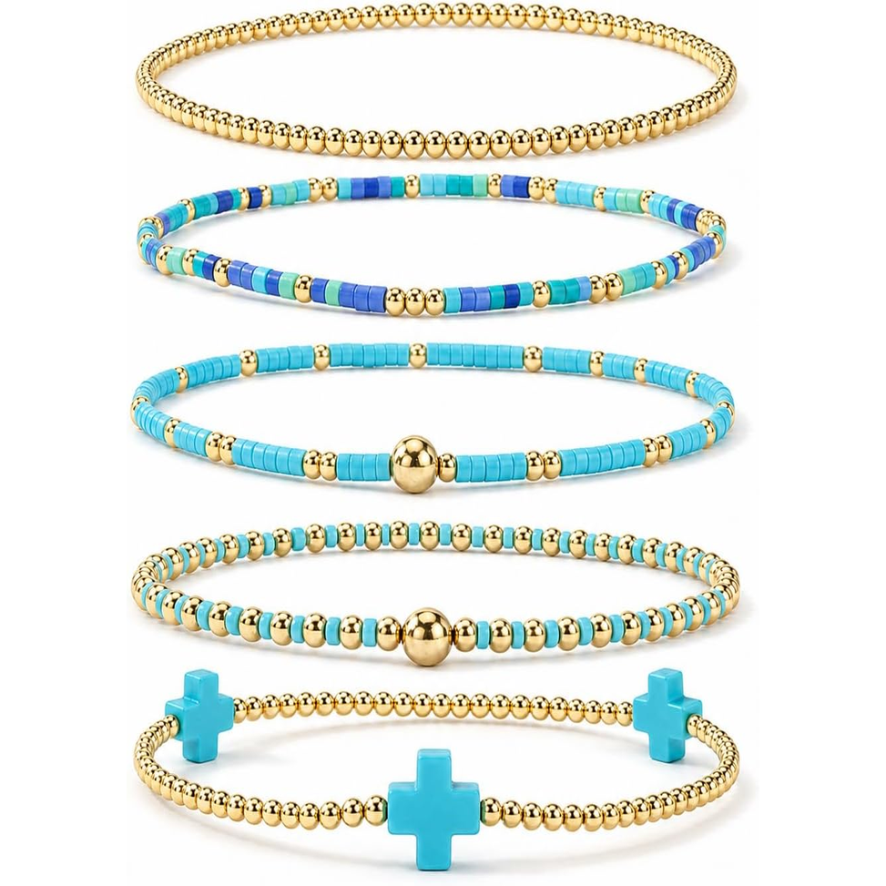 ✝ Women's Gold Beaded Cross Bracelet Stack Set Stretch Christian Faith Jewelry Gift for Women Teens