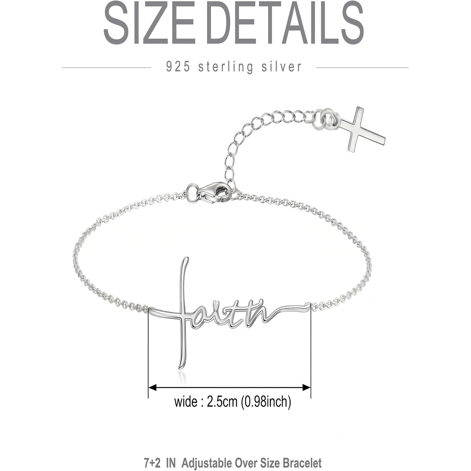 ✝ Faith Bracelet for Women – 925 Sterling Silver Cross & Heart Pendant Christian Religious Jewelry