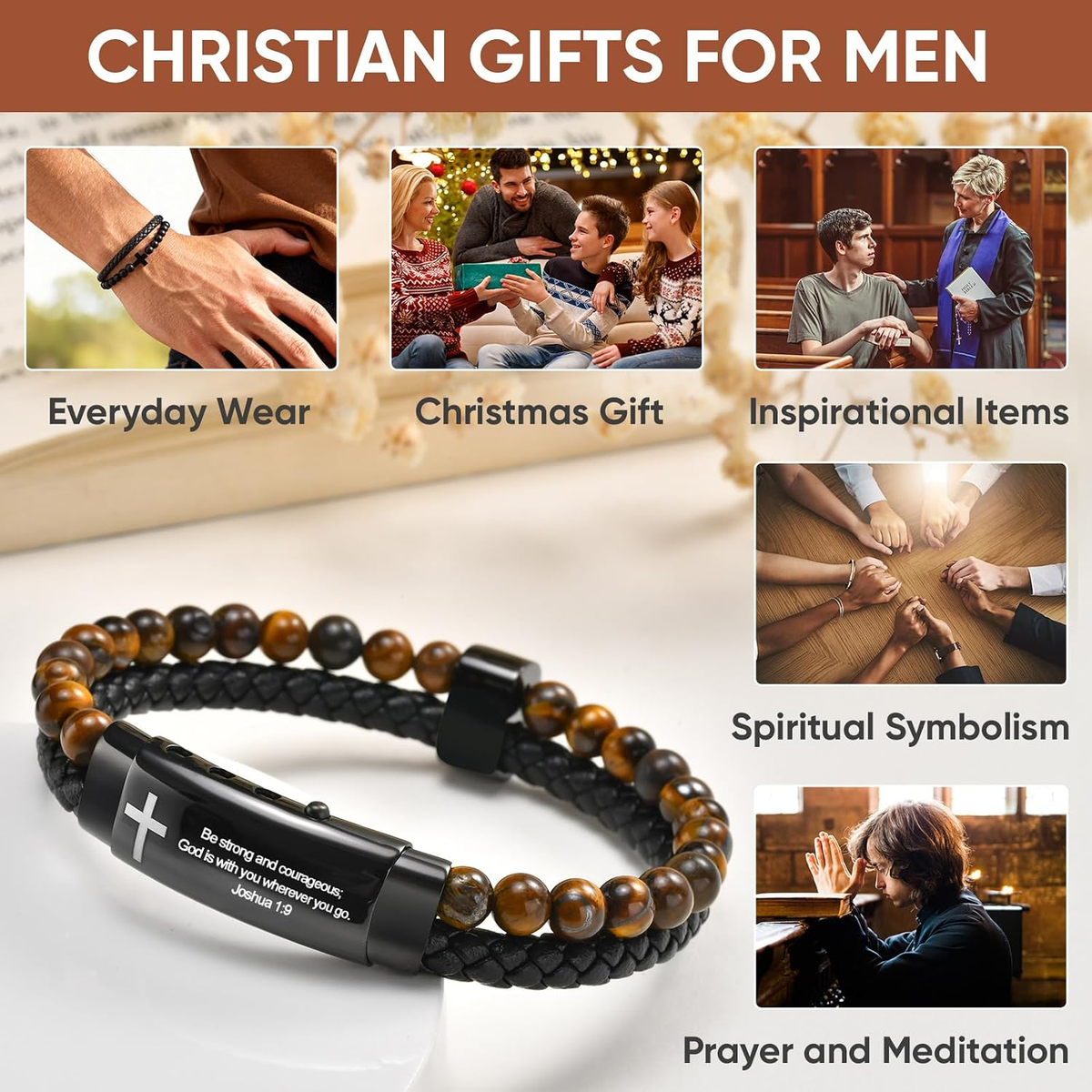 ✝ Men's Joshua 1:9 Cross Bracelet Braided Leather Tiger Eye Agate Beaded Christian Faith Jewelry Gift