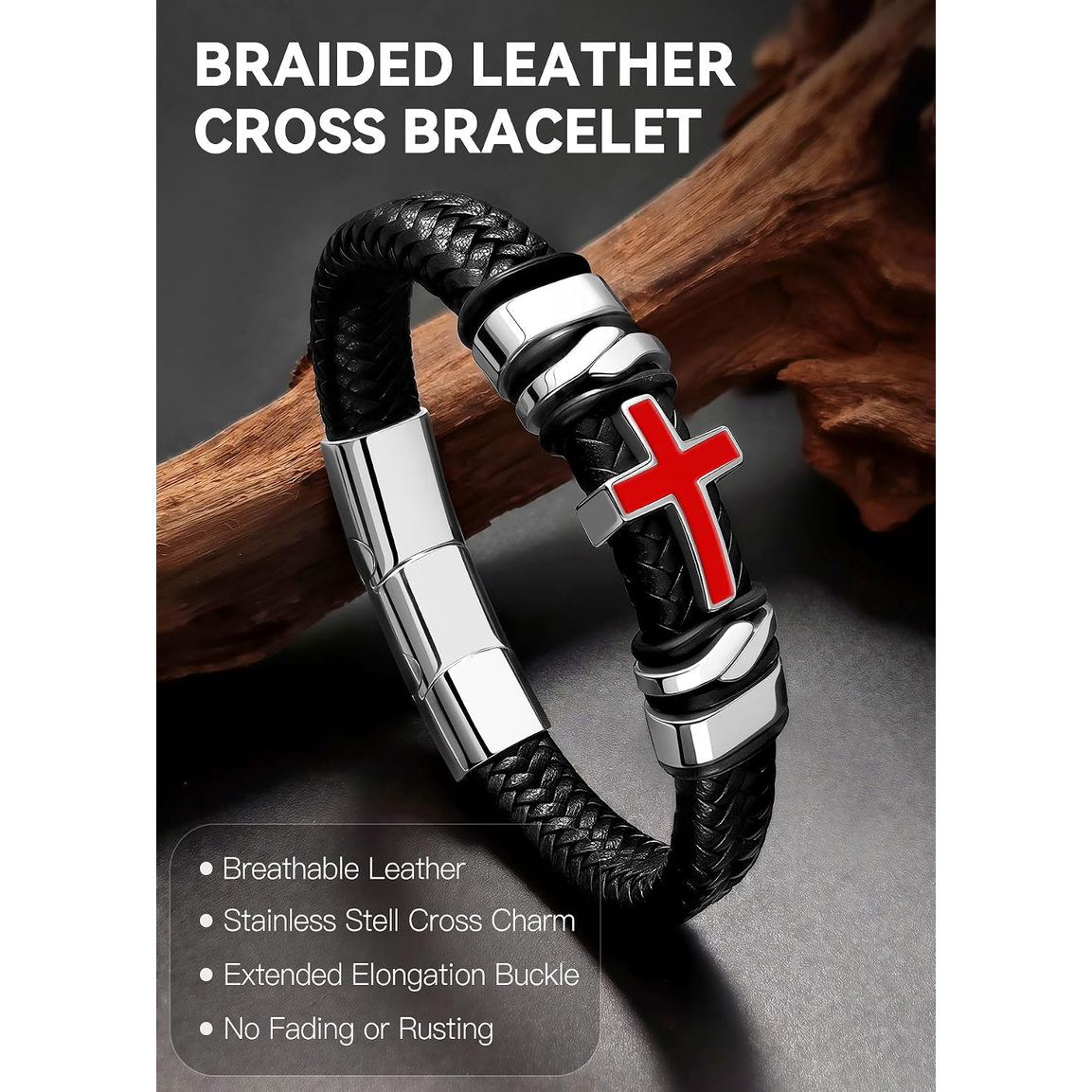 ✝ Men's Red White Cross Leather Cuff Bracelet 316L Stainless Steel Engraved Bible Verse Christian Faith Jewelry Gift