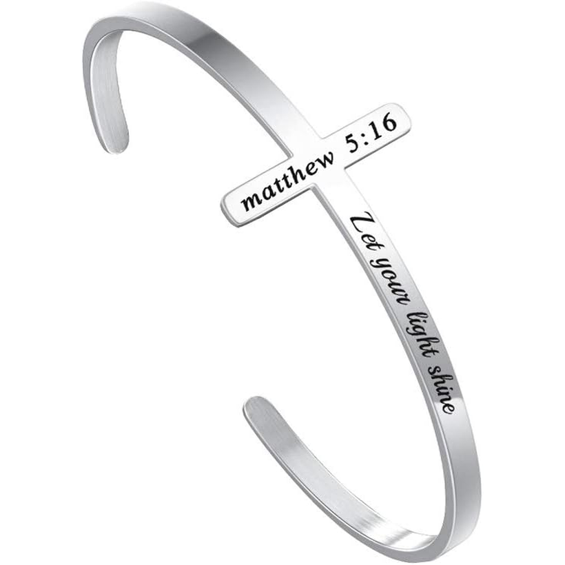 ✝ Women's Silver Cross Cuff Bracelet 316L Stainless Steel Bible Verse Christian Faith Inspirational Jewelry Gift