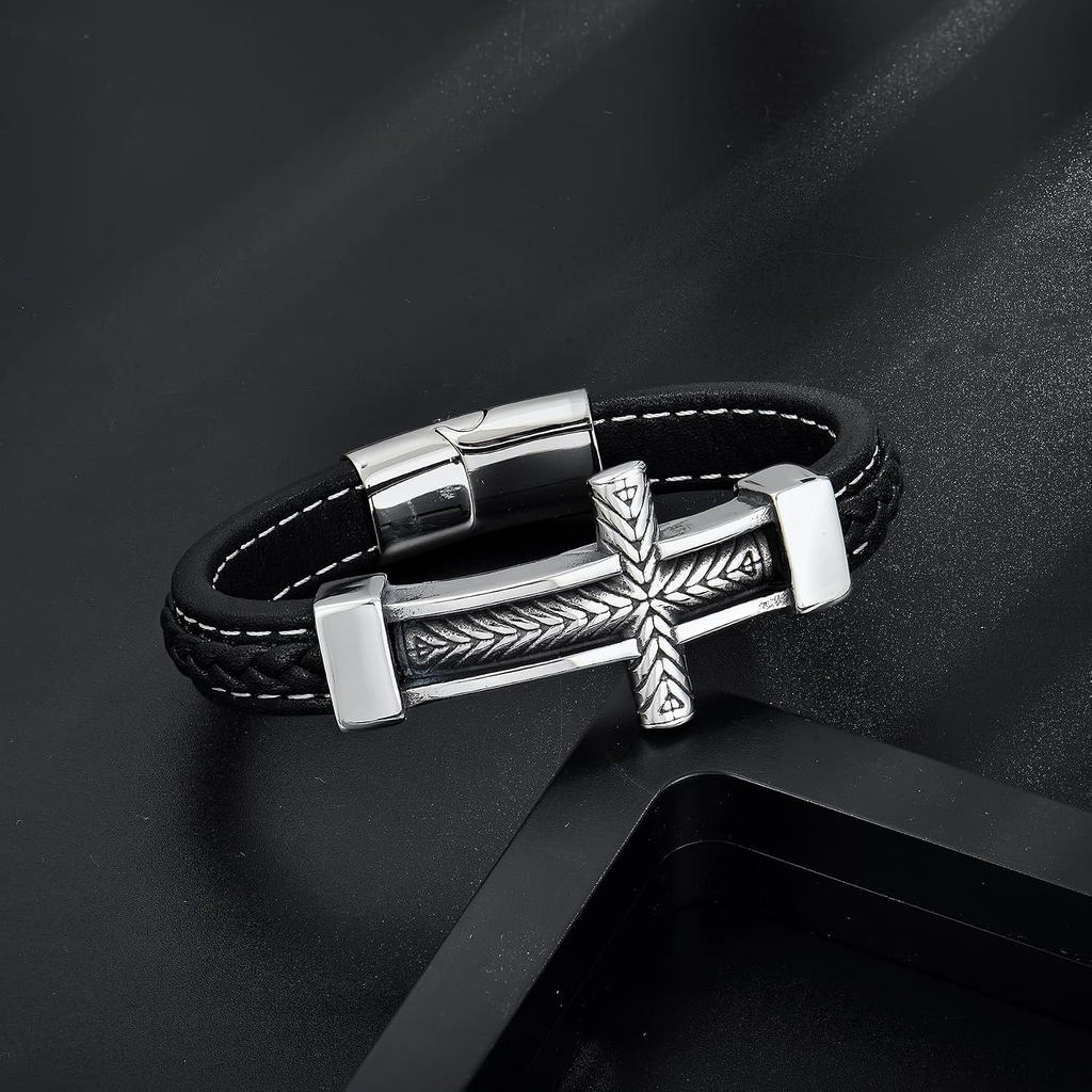 ✝ Men's Braided Leather Sideways Cross Bracelet 316L Stainless Steel Christian Faith Religious Jewelry Gift for Father Husband