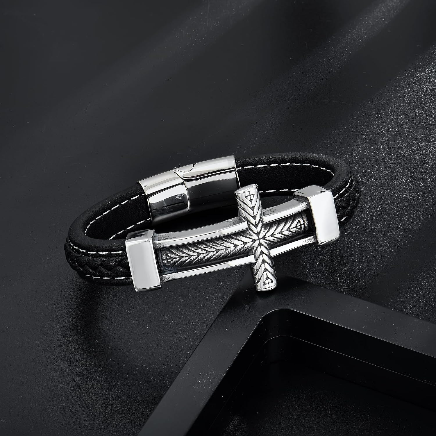 ✝ Men's Braided Leather Sideways Cross Bracelet 316L Stainless Steel Christian Faith Religious Jewelry Gift for Father Husband