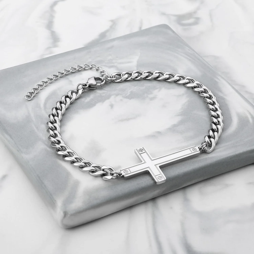 ✝ Men's Stainless Steel Cuban Cross Bracelet 5MM Adjustable Chain Christian Jesus Religious Confirmation Faith Jewelry Gift